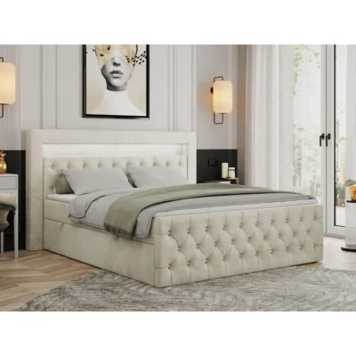 MKS Boxspringbett GOLD - 9 LED in Beige, Liegefläche 120x200 cm – mit Bettkasten